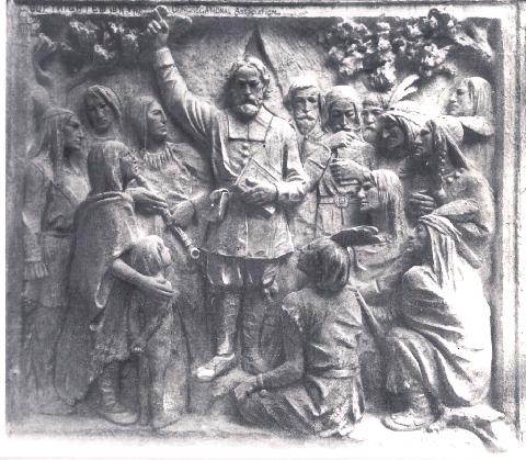 Eliot and Indians
          memorial panel on Congregational Assoc. Building, 14 Beacon
          St., Boston, MA (courtesy Jan Prescott)