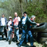 CRTtiretoss010428 PART 5 - Trail Clearing and Maintenance.
In 2001, a first clean-up of the CRT south of Old Connecticut Path found a lot of tires downhill from a car-repair buiding. Abandoned rail lines become dumps.