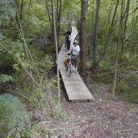 P9240007 The Snake Brook Trail begins at Route 27 on the Natick-Wayland town line, with a short boardwalk between the brook and a wetland. The boardwalk was an Eagle Scout project in 2000, with good support from Cochituate State Park.
