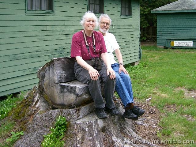 070601ColdRiverCamp_DickAndJillAreStumped The AMC's Cold River Camp dates to 1919. Over the years it has gained a lot of friends, traditions, and nifty embellishments.
<br>
(Photo by Bernard Hickey)