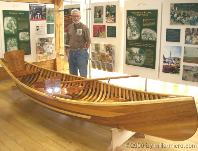 060622VTHighwayInfoCanoe Driving to Lake Morey from Massachusetts on I-91, we visited the first Vermont highway rest area. One of its exhibits featured this lovingly-crafted, square-ended canoe.