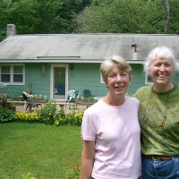 060629ConniesNewHome We had a reunion with Connie Ward, Jill's best friend from Recreation cottage back when JIll and Connie were next-door neighbor kids at Lake Morey. Now Connie Ward Anderson, her home is in downtown Hanover, NH. It's on a steep hill; its front is two stories high