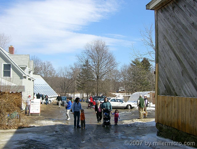 070303NatickCommunityOrganicFarm1 A view back from the main barn along THIS year's entrance road, past the offices and greenhouse toward Memorial School. Over the white car, you can see the farm's sugar shack. (Zoom in, to see its cords of firewood.)