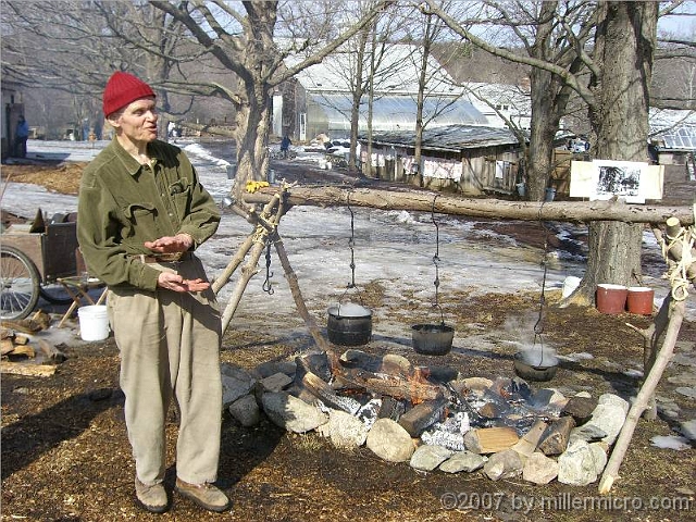 070303SyrupingColonialStyle1 The sap tastes like water, not particularly sweet. It has to be concentrated 40:1 by removing water -- mostly by boiling. Charlie Williams demonstrates how they did that in Colonial days. But first, they would shorten the process by removing ice from the sap buckets (because the ice is pure water). The sweetness remains in the sap beneath the ice, so removing that ice saves some boiling time and some firewood -- and saves the farmer some time and some of the effort of chopping, splitting and moving firewood.