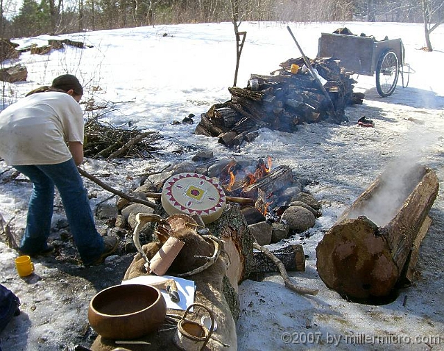 070303SyrupingIndianStyle In another exhibit, Mashpee Wampanoag Indians demonstrate how their inland neighbors maple sugared before the white man arrived. Behind a log exhibit of Native American craftmanship, a young lady heats rocks in an open fire. (No, she's not burning the drum.) The log trough was hollowed by placing glowing coals into the log on the right, charring and hacking it into a holder for a lot of maple sap. Then it was scraped clean. Now, sap is being boiled by putting in hot rocks from the fire. The log would burn in the fire, but even birch-bark bowls can boil water by transferring the hot rocks into their liquid contents. Good idea!