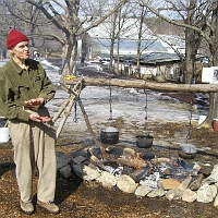 070303SyrupingColonialStyle1 The sap tastes like water, not particularly sweet. It has to be concentrated 40:1 by removing water -- mostly by boiling. Charlie Williams demonstrates how they did that in Colonial days. But first, they would shorten the process by removing ice from the sap buckets (because the ice is pure water). The sweetness remains in the sap beneath the ice, so removing that ice saves some boiling time and some firewood -- and saves the farmer some time and some of the effort of chopping, splitting and moving firewood.