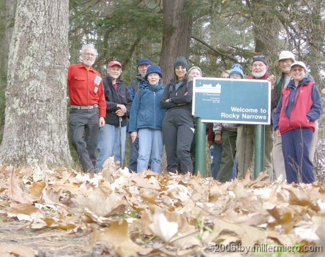 061026RockyNarrows2 All eleven hikers pose at the canoe landing on the Charles River.