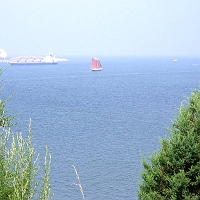 060727Roseway1 Up on one of Spectacle Island's two hills, a view of harbor traffic -- including a suit of tanbark (red) sails that looks very familiar to me.