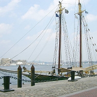060727SchoonerLettieGHoward1 Up top, it's a short block's walk to Fan Pier where we were to board a Mass. DCR work boat for the special tour. To my delight, a lovely schooner happened to be moored alongside!