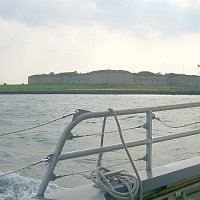 060727SpectacleIsland19 Most of the way back to Boston, we pass one of its old harbor forts, Fort Independence. There's been a fort here since 1634.